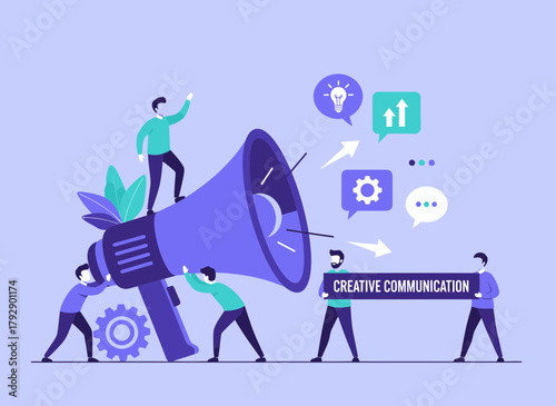 Team collaborates to amplify message and drive innovation with creative communication megaphone strategy