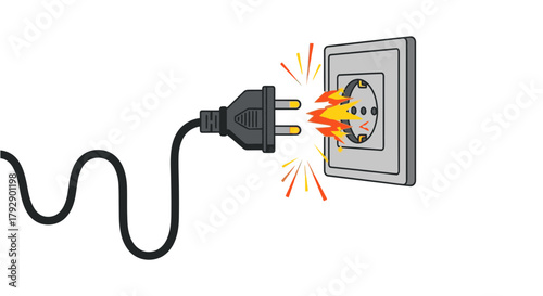 Electrical short circuit danger warning with sparking power plug and socket creating hazardous energy surge