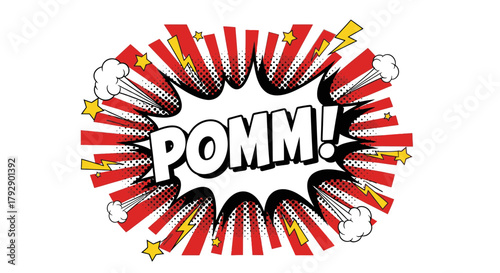 Dynamic comic book explosion sound effect with vibrant stars and lightning bolts, perfect for action-packed designs.