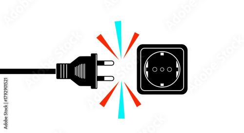 Dynamic electrical plug about to connect with a modern wall socket, symbolizing power and connection.