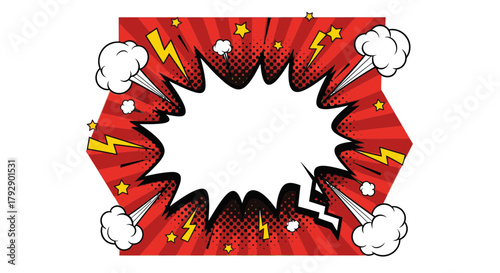 Explosive comic book speech bubble design with vibrant action elements and customizable text space