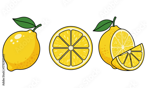 Three Fresh Lemon Illustrations: A Set of Vibrant Vector Graphics Showing a Whole Lemon with Leaf, a Cross-Sectional Slice, and a Lemon with Wedges for Food and Beverage Concepts