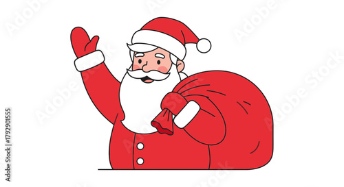 Jolly Santa Claus waving hello and carrying a sack of gifts, spreading festive cheer for Christmas celebrations and holiday marketing campaigns