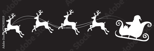 Silhouette of Santa Claus riding sleigh with reindeer. Black silhouette of Santa Claus flying in a sleigh pulled by reindeer, symbolizing Christmas night and holiday traditions. .eps10