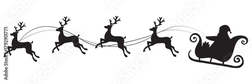 Silhouette of Santa Claus riding sleigh with reindeer. Black silhouette of Santa Claus flying in a sleigh pulled by reindeer, symbolizing Christmas night and holiday traditions. .eps10