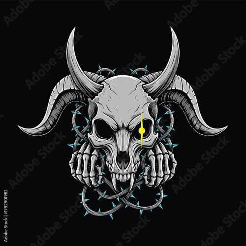 Skull with Horns and Hands Surrounded by Thorns Illustration.