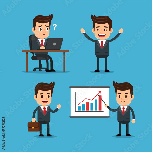 Cartoon Businessman in Various Poses Depicting Work and Success.