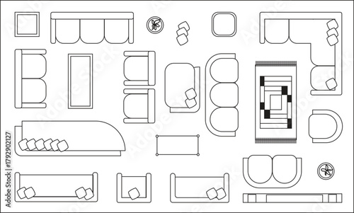 top view of furniture icons set for living room, drawing room and office in black and white for maps and architect planning, vector illustration
