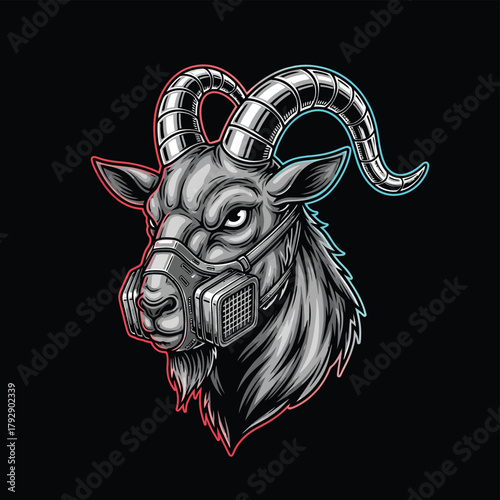 Cyberpunk Goat with Gas Mask - Futuristic Animal Illustration.