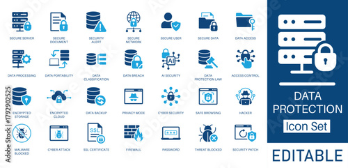 Data Privacy Protection and Cybersecurity solid icon set. Contains symbols for Data Breach, Encryption, Firewall, and AI Security. Flat vector design for IT security and data privacy compliance.