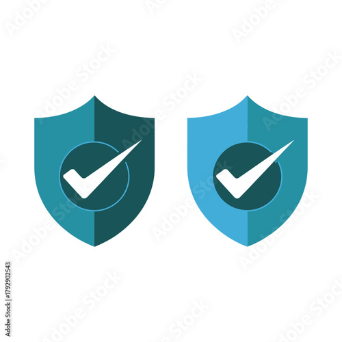 Two blue shield icons with white checkmarks represent security and verification.