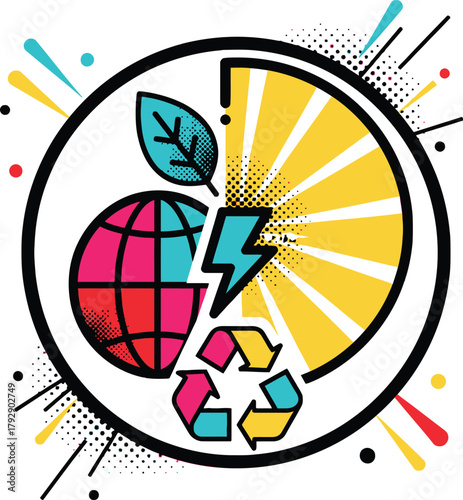 Sustainability Eco Energy Icon: Globe, Leaf, Lightning Bolt, and Recycling Symbols Representing Green Power, Environmental Balance, Renewable Resources, and Climate Action.
