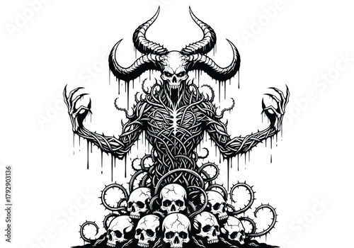 Horned Demon with Skull Pile - Macabre Fantasy Art.