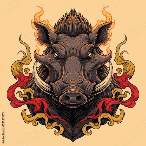 Intense Boar Head with Fiery Accents - A Bold Illustration.