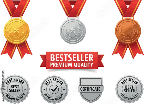 Create Best seller badges. Gold, silver and bronze seller winner medal with red ribbons, bestseller premium quality label. Circle seal sticker, certificate warranty emblem on white background.