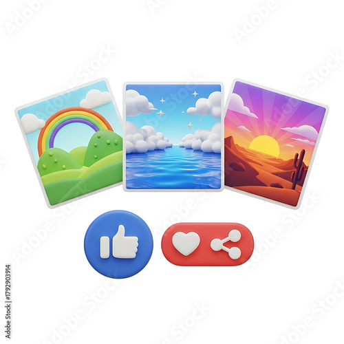 Social media icons and scenic landscape images