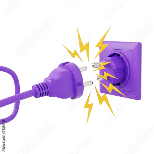 Purple electrical plug connecting to outlet with sparks
