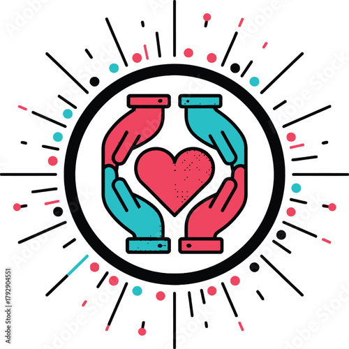 Charity Community Love Icon: Four Hands Cupping a Heart in a Retro Badge Design for Giving, Volunteering, Social Issues, Donation, and Healthcare Marketing and Promotion