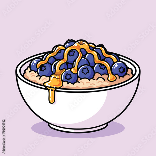 A cartoon illustration of a white bowl filled with oatmeal, topped with fresh blueberries and drizzled with golden honey.