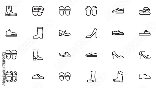 Footwear Line Icon Set. Running Shoes, Casual and Athletic Styles. Thin outline icons pack. Vector illustration