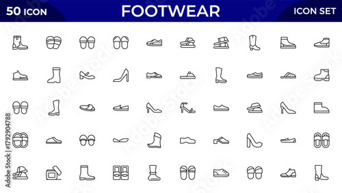 Footwear Line Icon Set. Running Shoes, Casual and Athletic Styles. Thin outline icons pack. Vector illustration