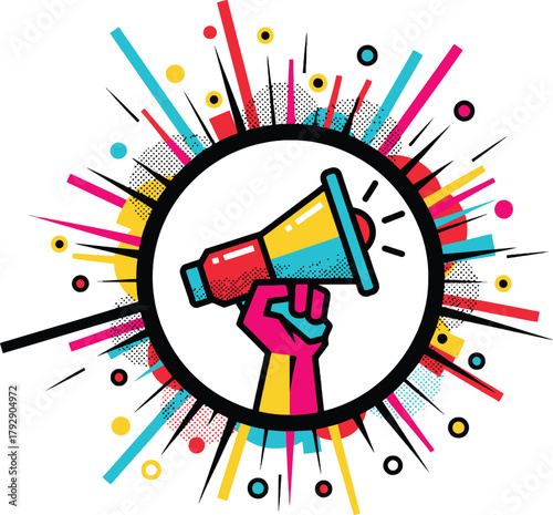 Activisim Protest & Social Issues Icon: Hand Holding Megaphone in Colorful Pop Art Style for Marketing, Communication, Event Promotion, Sticker, Badge, and Logo Design