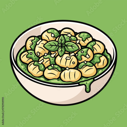 Cartoon illustration of a bowl of gnocchi pasta with green pesto sauce, fresh basil leaves, and grated cheese on a solid green background.