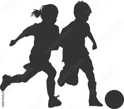 Kids football training silhouette isolated on transparent background. Vector illustration