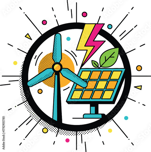 Pop Art Style Green Energy Icon, Renewable Power, Solar Panel, and Wind Turbine Illustration