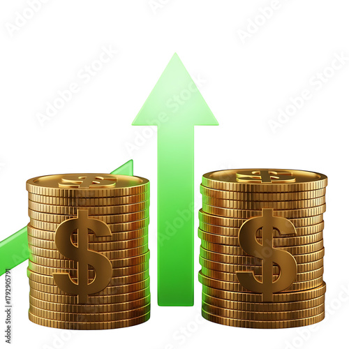 Golden coins stacked high with upward green arrow symbolizing growth