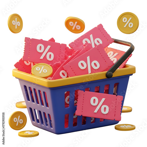 Shopping basket filled with discount coupons and coins