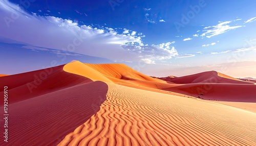 Fototapeta Naklejka Na Ścianę i Meble -  Expansive desert landscape featuring large, undulating sand dunes with textured surfaces, under a bright blue sky dotted with white clouds.