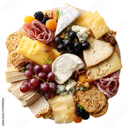  Isolated cheese and charcuterie board featuring gourmet artisan food arrangement