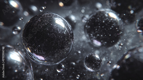 A cluster of shiny, dark spheres with small drops creating a mesmerizing, abstract scene