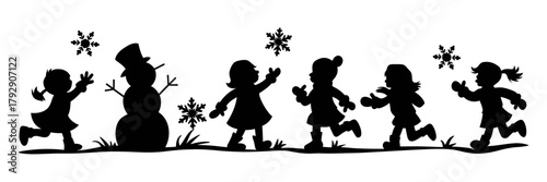 Winter scene of children in silhouette wearing colourful cold-weather clothing joyfully building a snowman, ice-skating and running through drifting snow in a holiday setting.