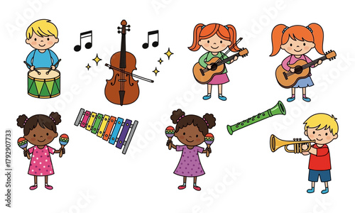 Children playing musical instruments and notes