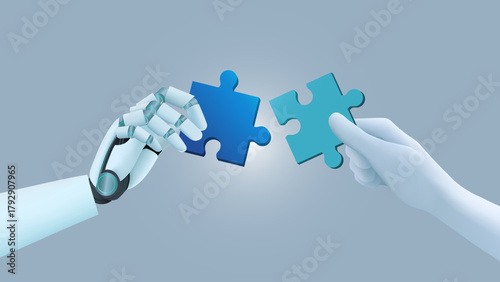Ai hand and human hand hold jigsaw solving puzzle.  Ai solve problem. Strategy for success. puzzle connect achievement. Artificial Intelligence and Human Collaboration.