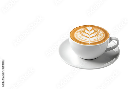 A delicious latte coffee with intricate foam art in a white cup and saucer isolated on transparent background