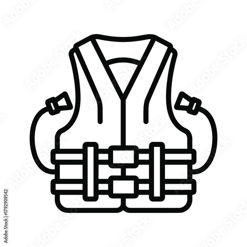 Outline drawing of a life vest or life jacket with straps and buckles, isolated on a