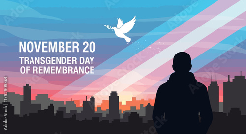 Remembering lives lost, Transgender Day of Remembrance on November 20th, honor and respect with silhouette against transgender flag colors and dove of peace in a city skyline