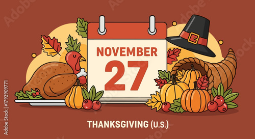 Celebrate Thanksgiving on November 27th with a classic feast, including turkey, pumpkins, and a pilgrim hat, perfect for holiday invitations and cheerful autumn designs