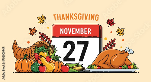 Celebrate Thanksgiving November 27th with a bountiful harvest and delicious turkey, perfect for festive designs and holiday greetings, capturing the warmth of autumn