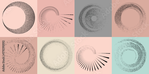 Textured geometric spirals with distressed effect - modern halftone spirals and twists for creative design. Abstract circular motion elements for visual identity or layout design. Kinetic optical art.