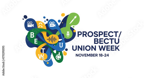 Promote Prospect BECTU Union Week with vibrant icons representing film, art, sound and collaboration for modern audiences seeking information about the November event