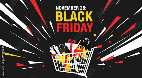 Get ready for Black Friday shopping deals November 28th with a shopping cart full of presents, bags, and incredible savings in a burst of holiday excitement