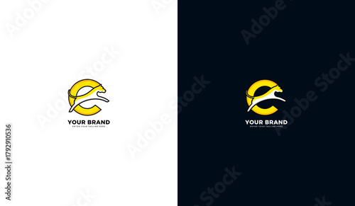 Cheetah running letter c logo, Cheetah letter c icon running fast, template design