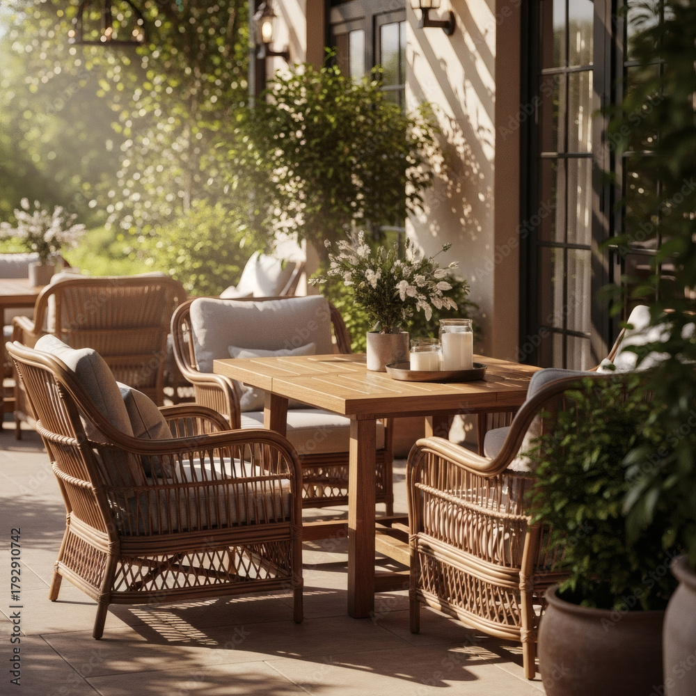 Fototapeta premium Outdoor dining area with wicker chairs and wooden table.
