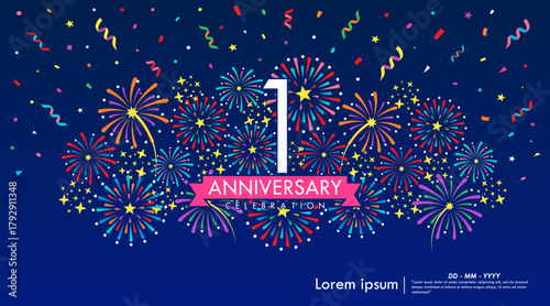 1st year anniversary celebration emblem. anniversary logo isolated with colorful stars and fireworks twinkle, sparkle and ribbon. vector illustration template design for web	
