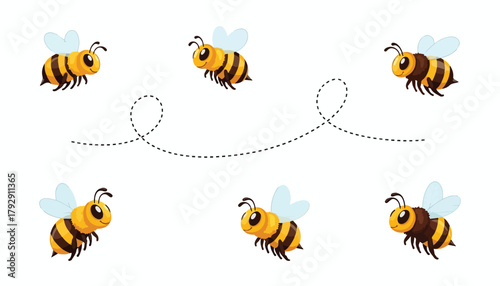 Six cartoon bees flying with dotted flight paths, showcasing movement and activity.