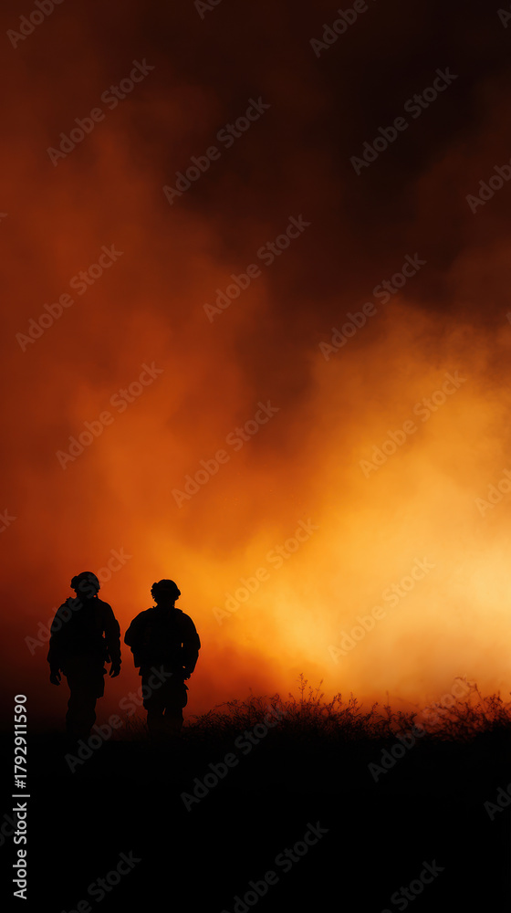 Fototapeta premium Silhouette firefighters wildfire smoke night emergency blaze teamwork heat danger